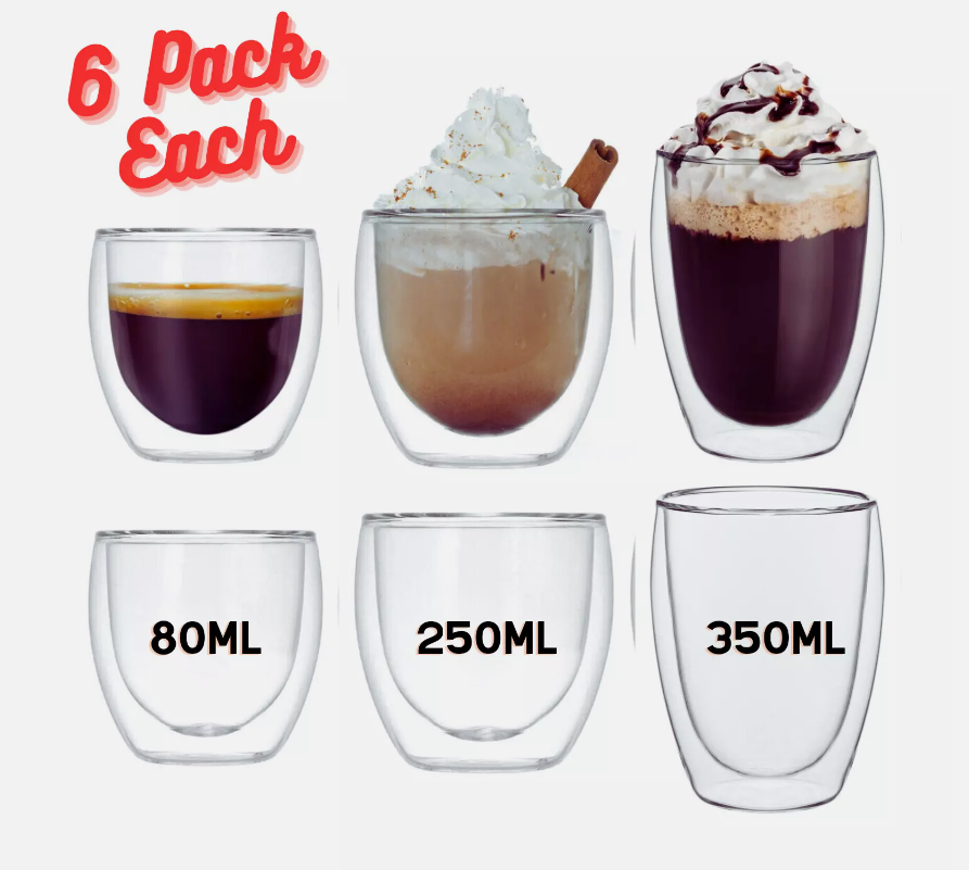 Double Wall Insulated Coffee Glass Cups 6pck for Espresso & Tea