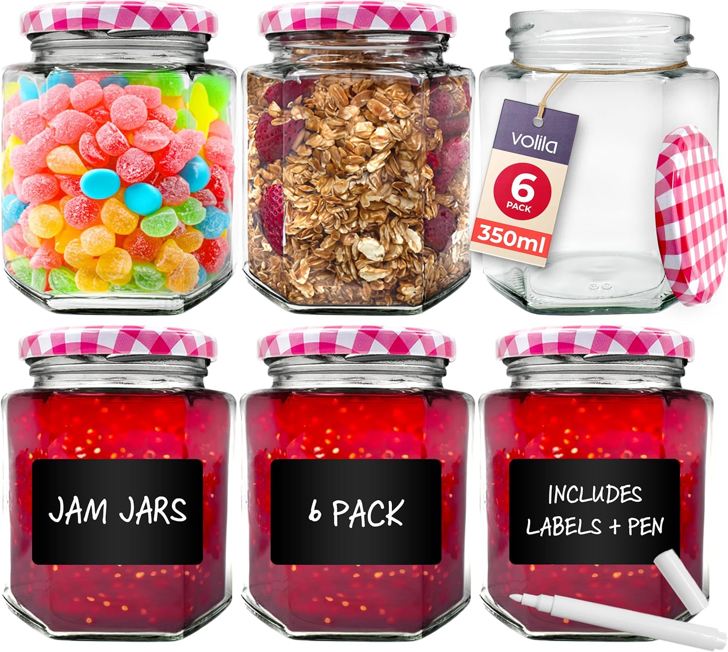 Jam Jars with Lids - Hexagonal or Round Jam Jars with Lids - Airtight Jars with Lid for Jam, Preserves, Marmalade and Pickle - Preserving Jars
