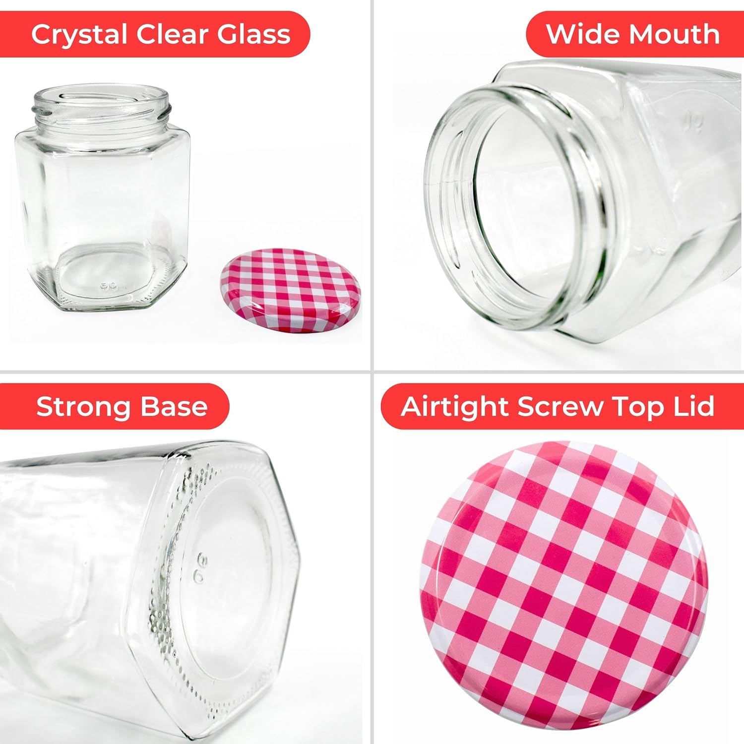 Jam Jars with Lids - Hexagonal or Round Jam Jars with Lids - Airtight Jars with Lid for Jam, Preserves, Marmalade and Pickle - Preserving Jars