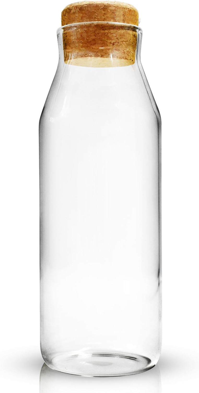 Glass Carafe - 1L Water Carafe with Lid - Versatile Clear Glass Bottle with Cork Lid, Used as a Bedside Water Carafe, Beverages or Non-Food Items Like Laundry Detergent Storage