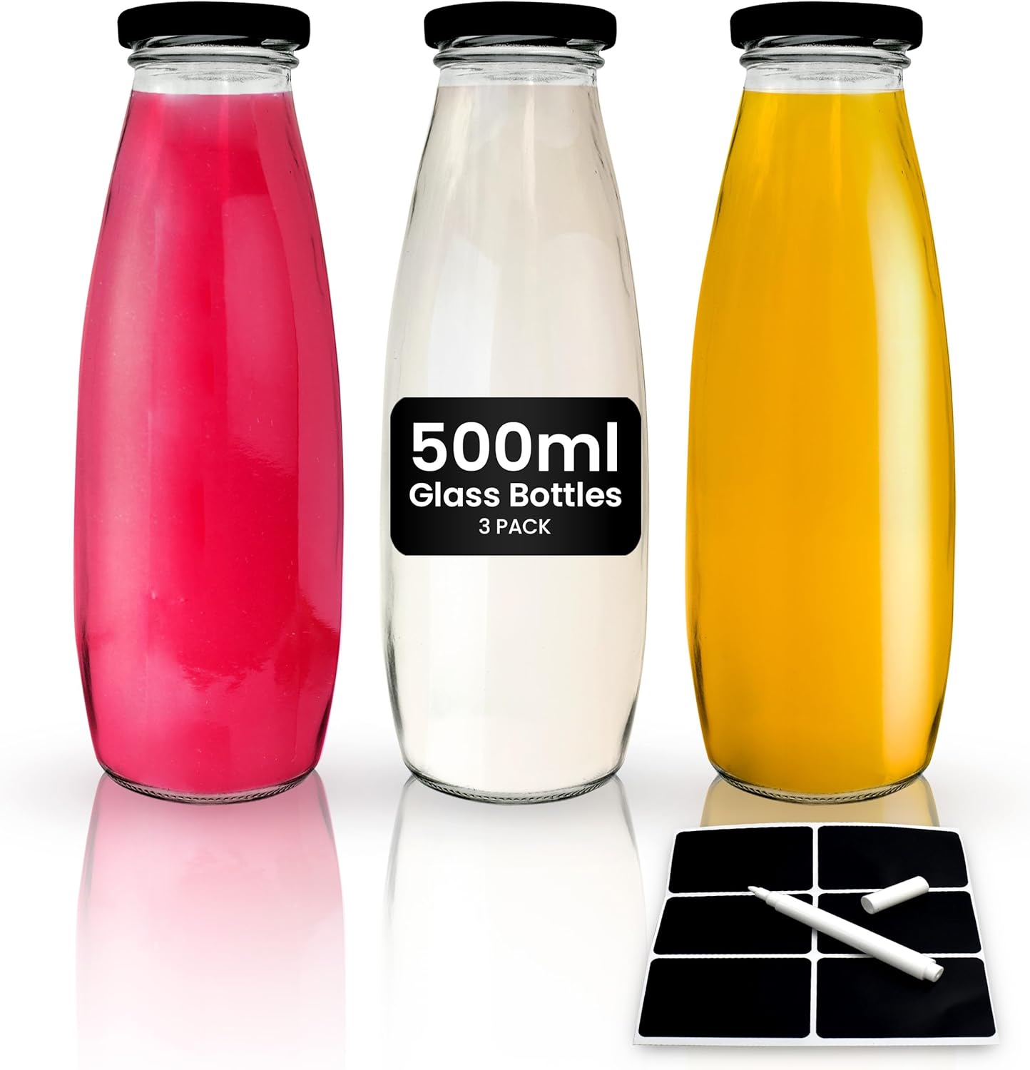 volila Glass Milk Bottles with Lids - 500ml Glass Bottles with Lids, Labels, and Pen - Reusable Milk Bottle for Juices, Dressings, Sauces, Beverages, Decoration and Storage