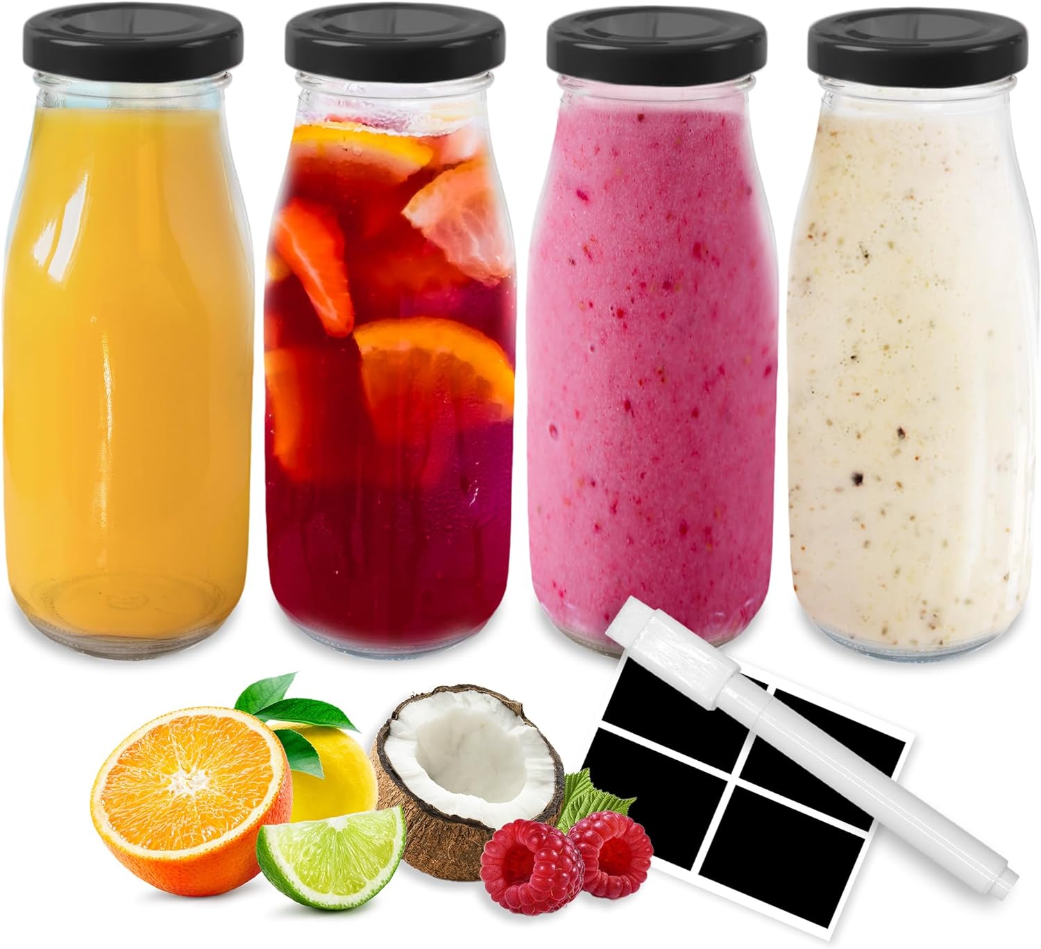 volila Glass Milk Bottles with Lids - Glass Bottles with Lids, Labels, and Pen - Reusable Milk Bottle for Juices, Dressings, Sauces, Beverages, Decoration and Storage