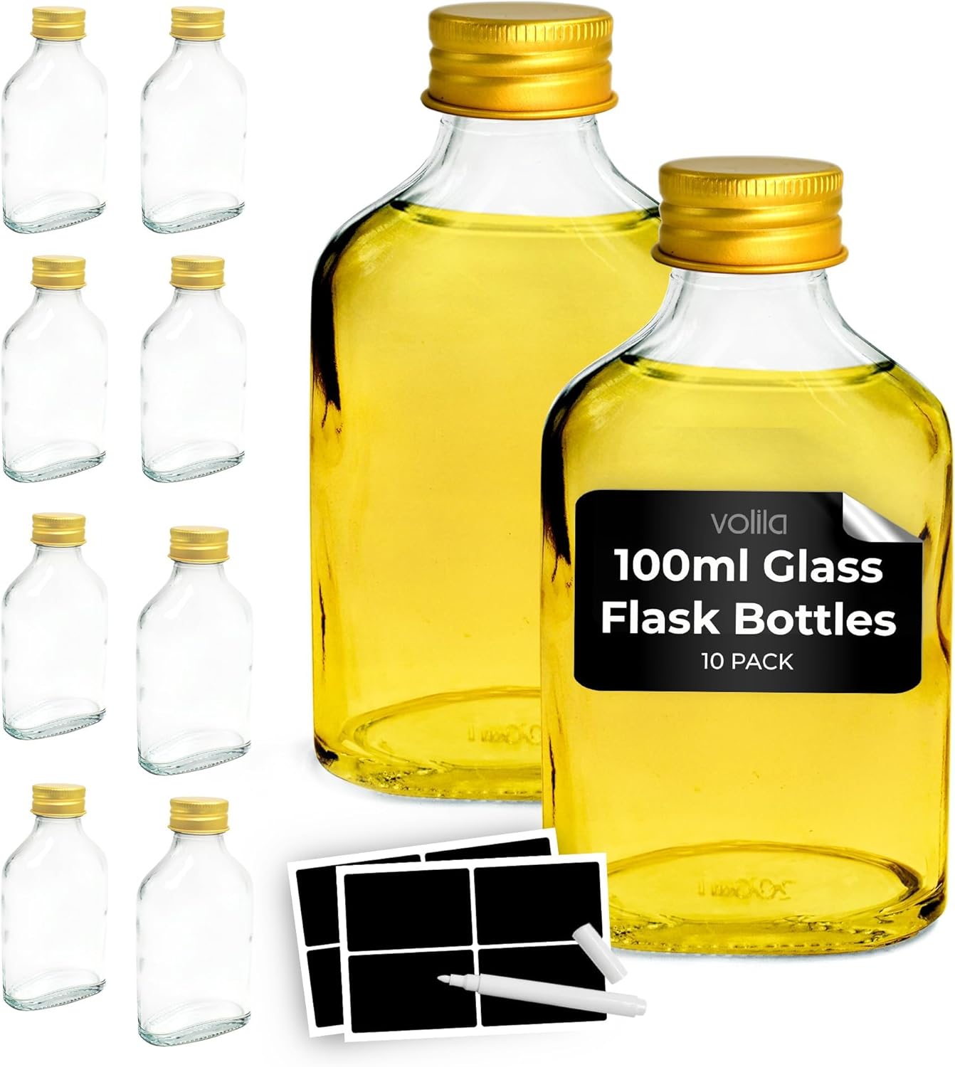 volila Glass Flask Bottles 100ml - Glass Bottles with Gold Screw Caps, Labels and Pen - Reusable Empty Glass Bottles for Gin, Home brews or Homemade Vinegar