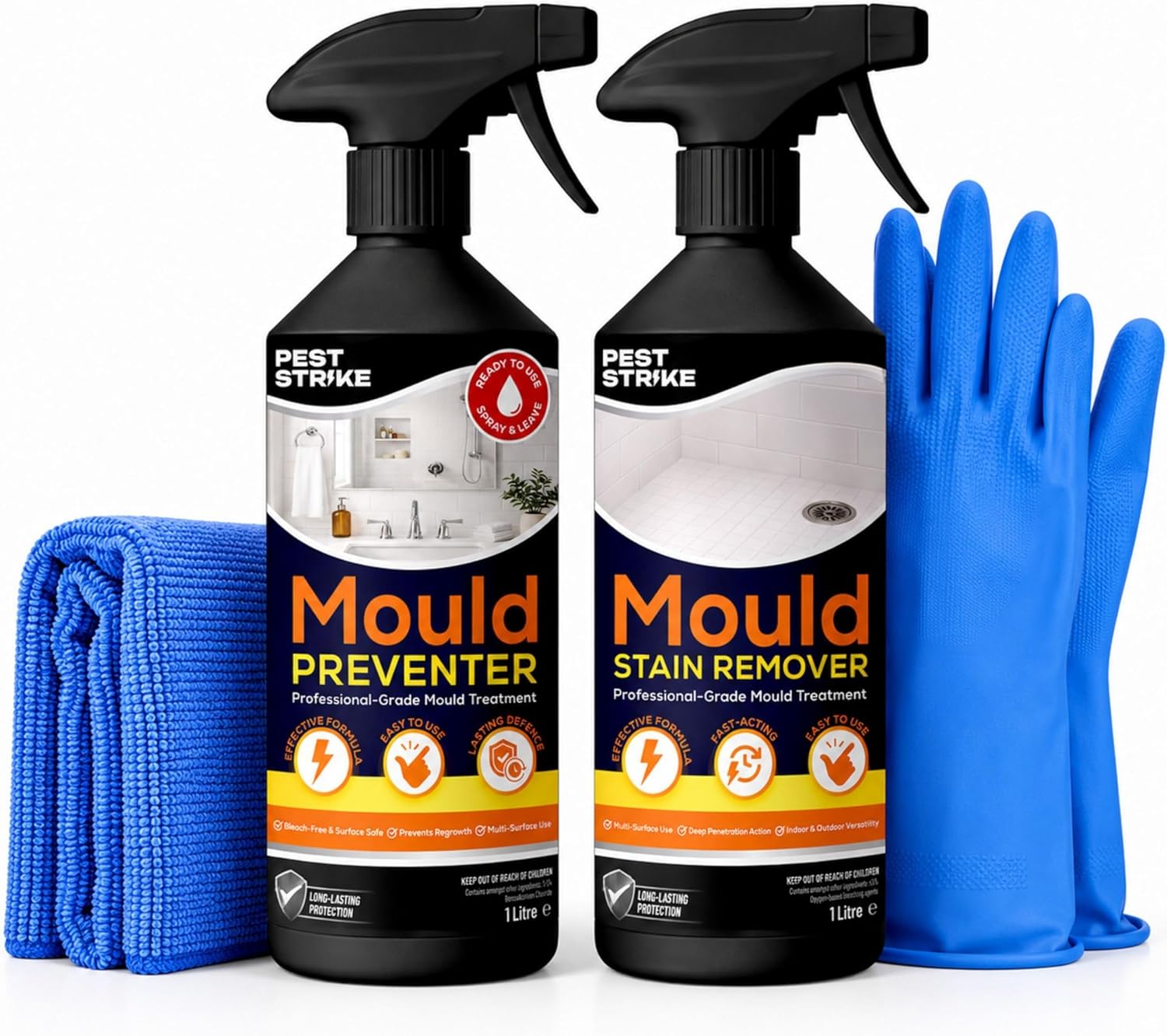 Mould Remover and Prevention Kit - Anti Mould Spray & Mold Remover Spray Set for Walls, Tiles, Bathrooms & Hard Surfaces - Mold and Mildew Remover with Preventer, Microfibre Cloth & Gloves
