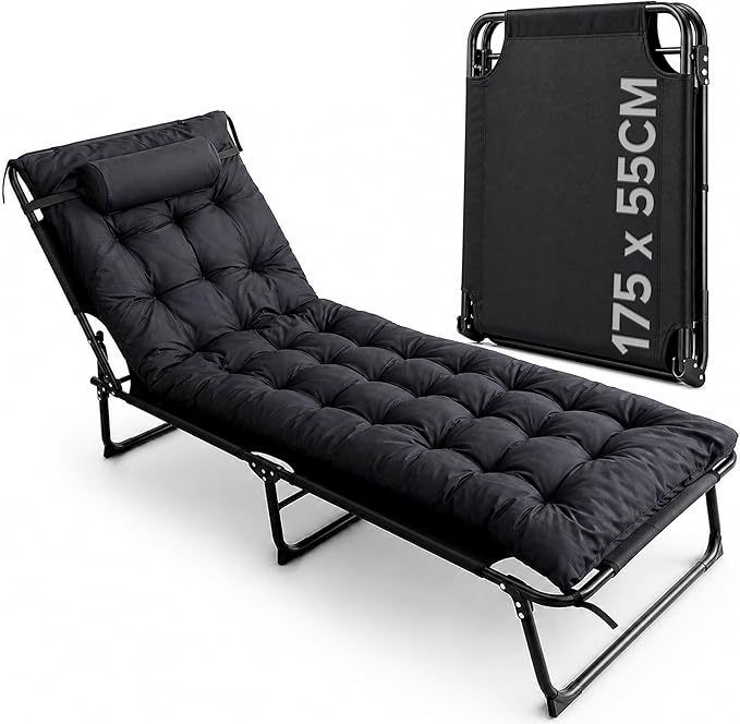 Camping Bed - Heavy Duty Folding Bed with Cushion, Adjustable Backrest and Pocket - Ideal for Garden, Beach, Sunbathing