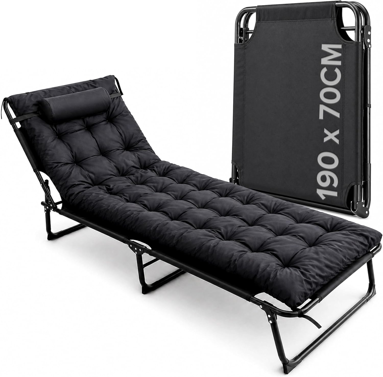 Camping Bed - Heavy Duty Folding Bed with Cushion, Adjustable Backrest and Pocket - Ideal for Garden, Beach, Sunbathing