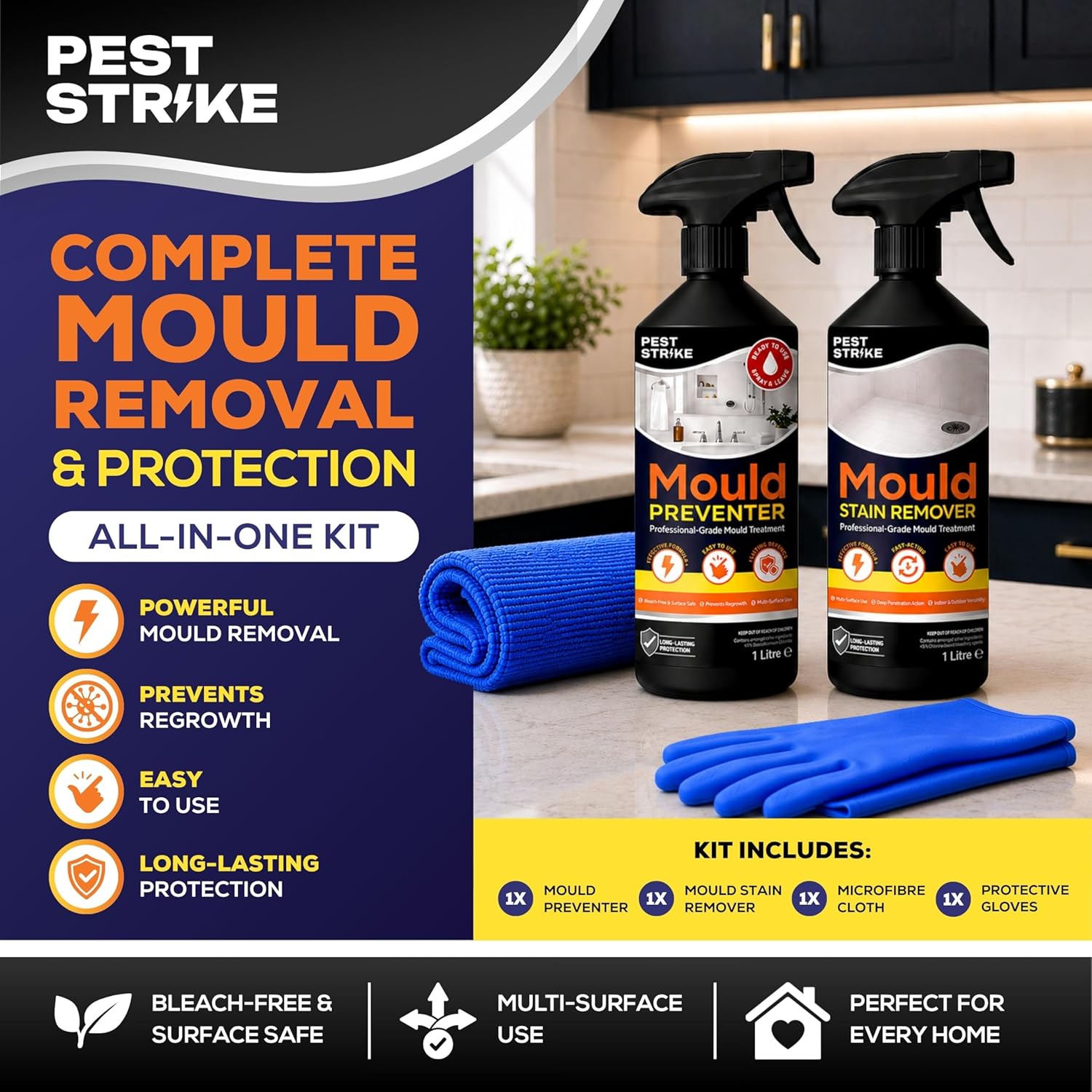 Mould Remover and Prevention Kit - Anti Mould Spray & Mold Remover Spray Set for Walls, Tiles, Bathrooms & Hard Surfaces - Mold and Mildew Remover with Preventer, Microfibre Cloth & Gloves