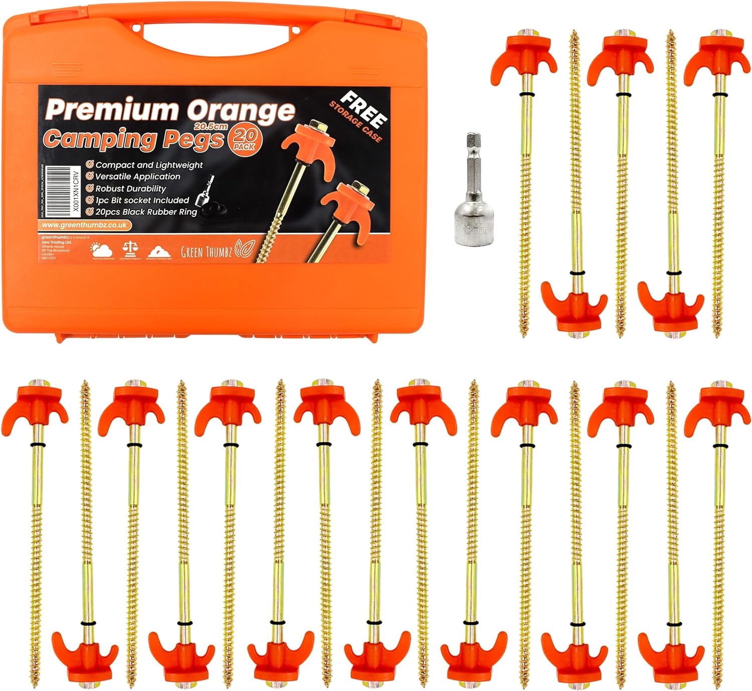 Green Thumbz Heavy Duty Tent Pegs - 20 Pack Tent Pegs Metal Heavy Duty and Awning Pegs for Outdoor - Galvanised Camping Pegs with Screw Design for Hard Ground, Socket Bit for Drill Included (20.5cm)