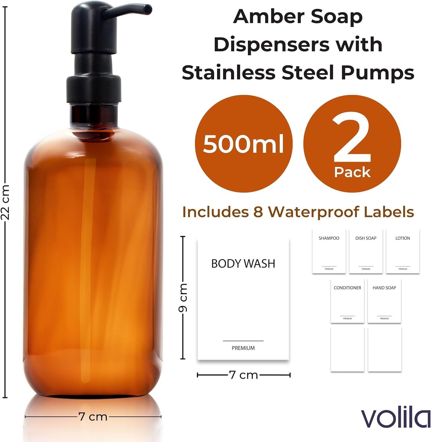Glass Soap Dispenser - 500 ML Brown Glass bottles with Pump - Amber Glass Soap dispensers for Conditioner, Shampoo or Hand Soap - Glass Pump Bottle Dispenser for Bathroom or Kitchen (2 Pack)