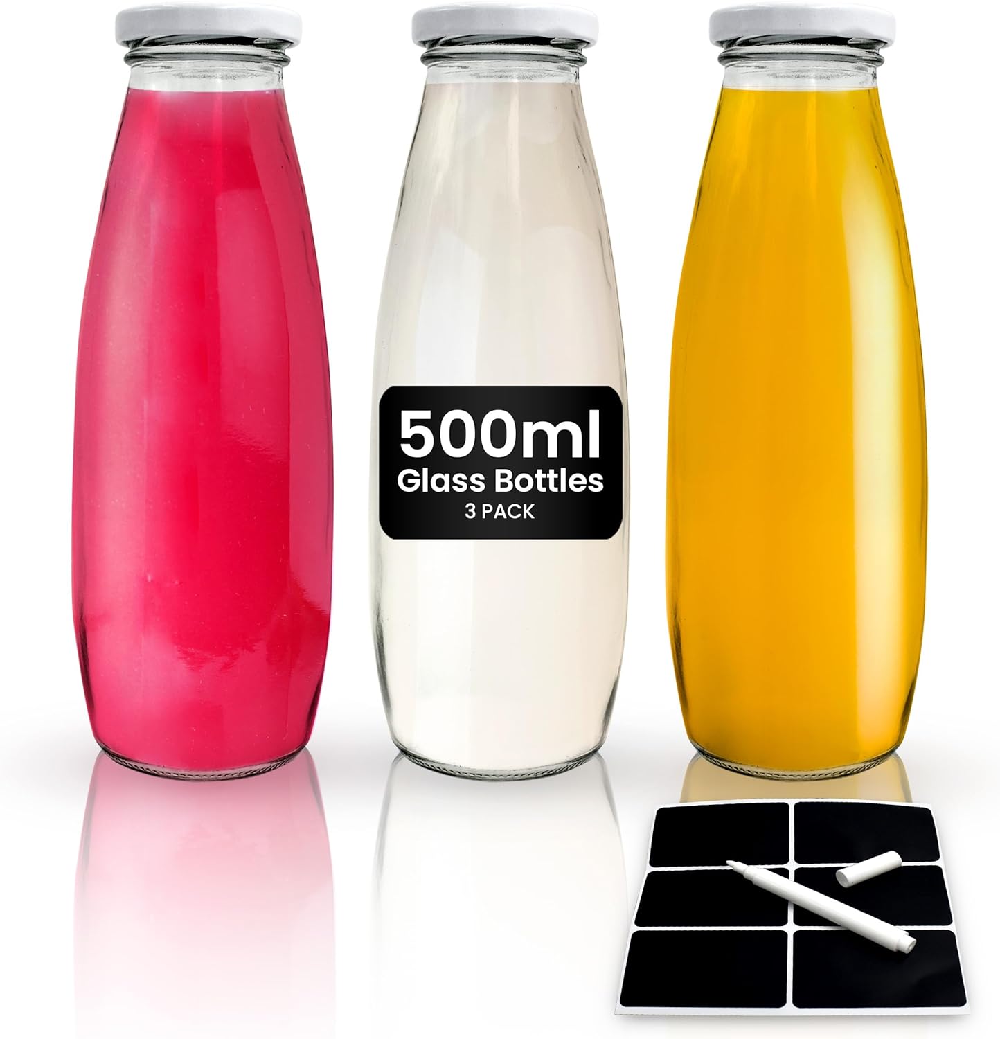 volila Glass Milk Bottles with Lids - 500ml Glass Bottles with Lids, Labels, and Pen - Reusable Milk Bottle for Juices, Dressings, Sauces, Beverages, Decoration and Storage