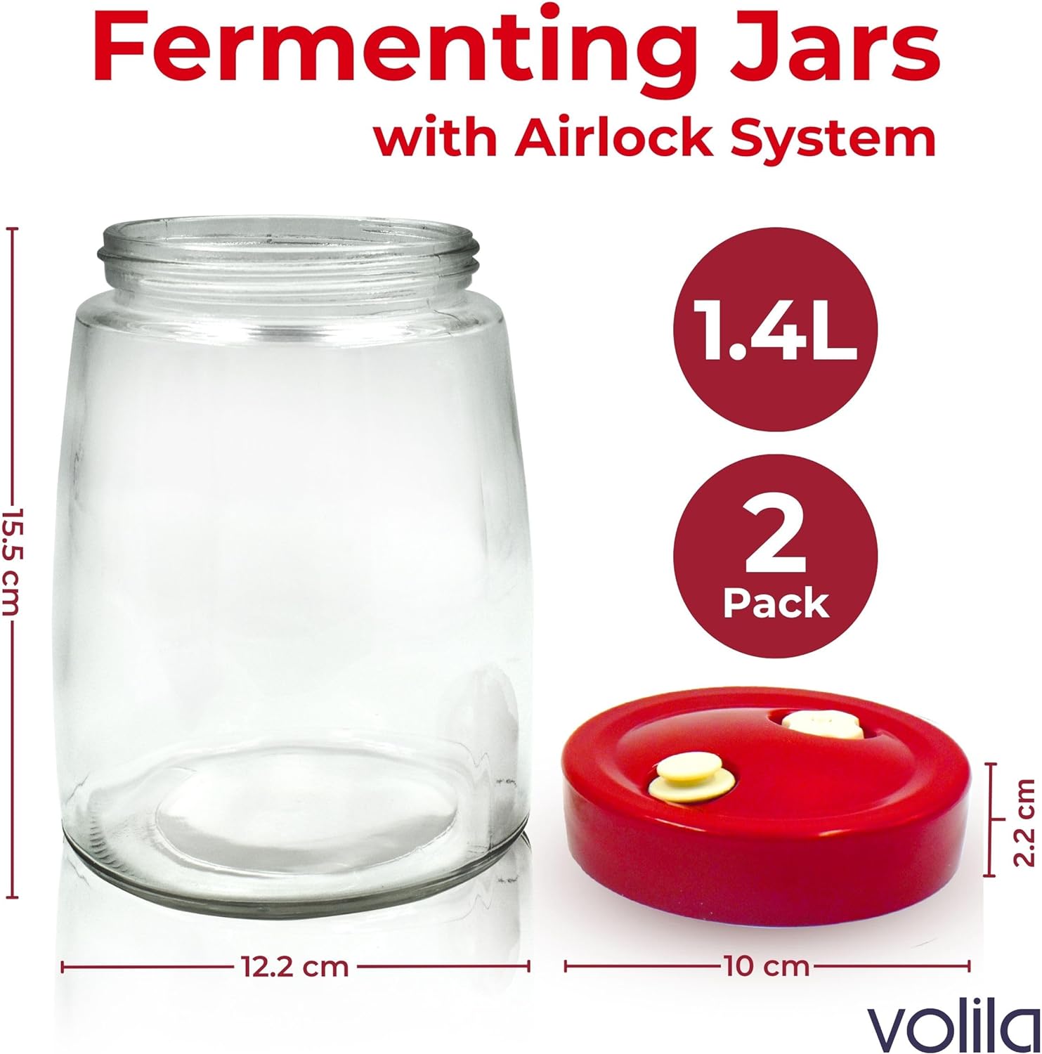 volila Fermenting Jars with Airlock System - (2 Pack) Easy-To-Use Fermentation Jars with 1 Way Air Release Vent for Pickling, Kefir, Sauerkraut, Kimchi, Kombucha and Sourdough Jar
