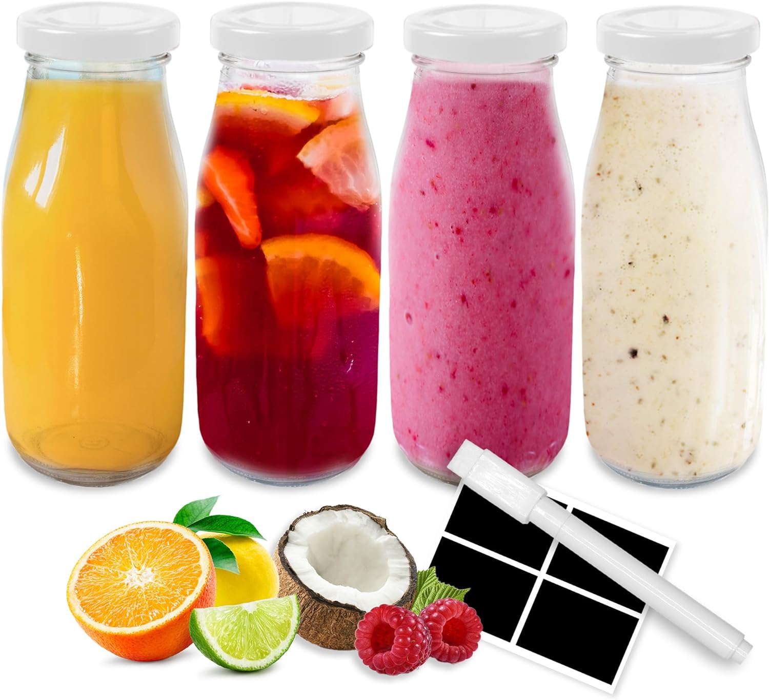 volila Glass Milk Bottles with Lids - Glass Bottles with Lids, Labels, and Pen - Reusable Milk Bottle for Juices, Dressings, Sauces, Beverages, Decoration and Storage