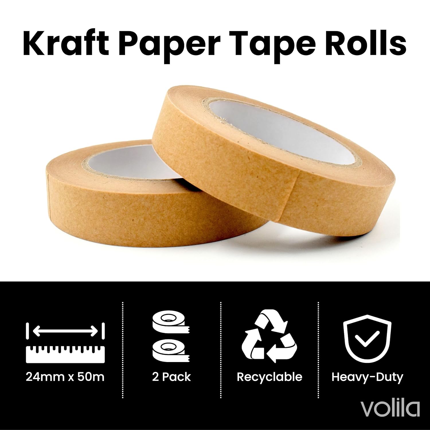volila Paper Tape Brown Kraft Tape Rolls - Heavy Duty Paper Packaging Tape for Moving House, Boxes, Framing, and Packaging - Recyclable Paper Parcel Tape with Strong Adhesive