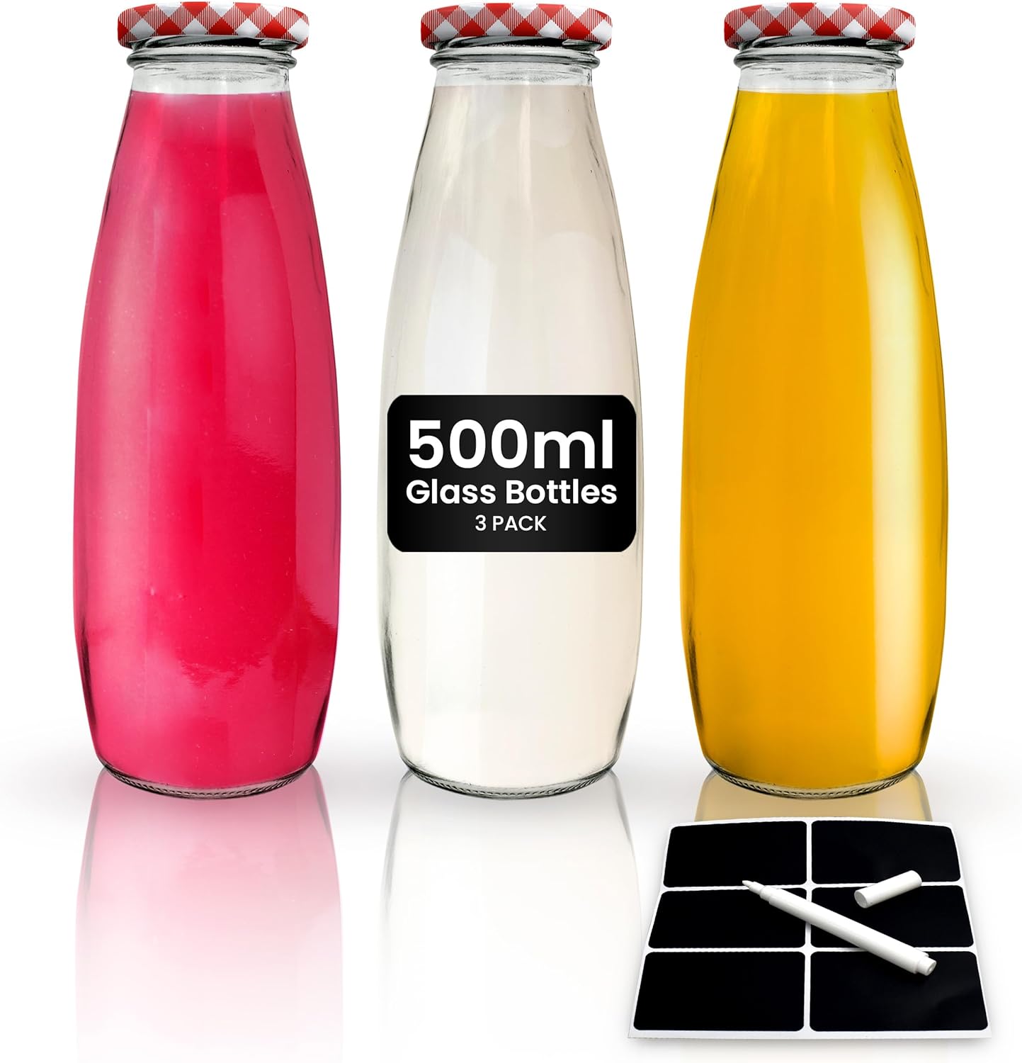 volila Glass Milk Bottles with Lids - 500ml Glass Bottles with Lids, Labels, and Pen - Reusable Milk Bottle for Juices, Dressings, Sauces, Beverages, Decoration and Storage