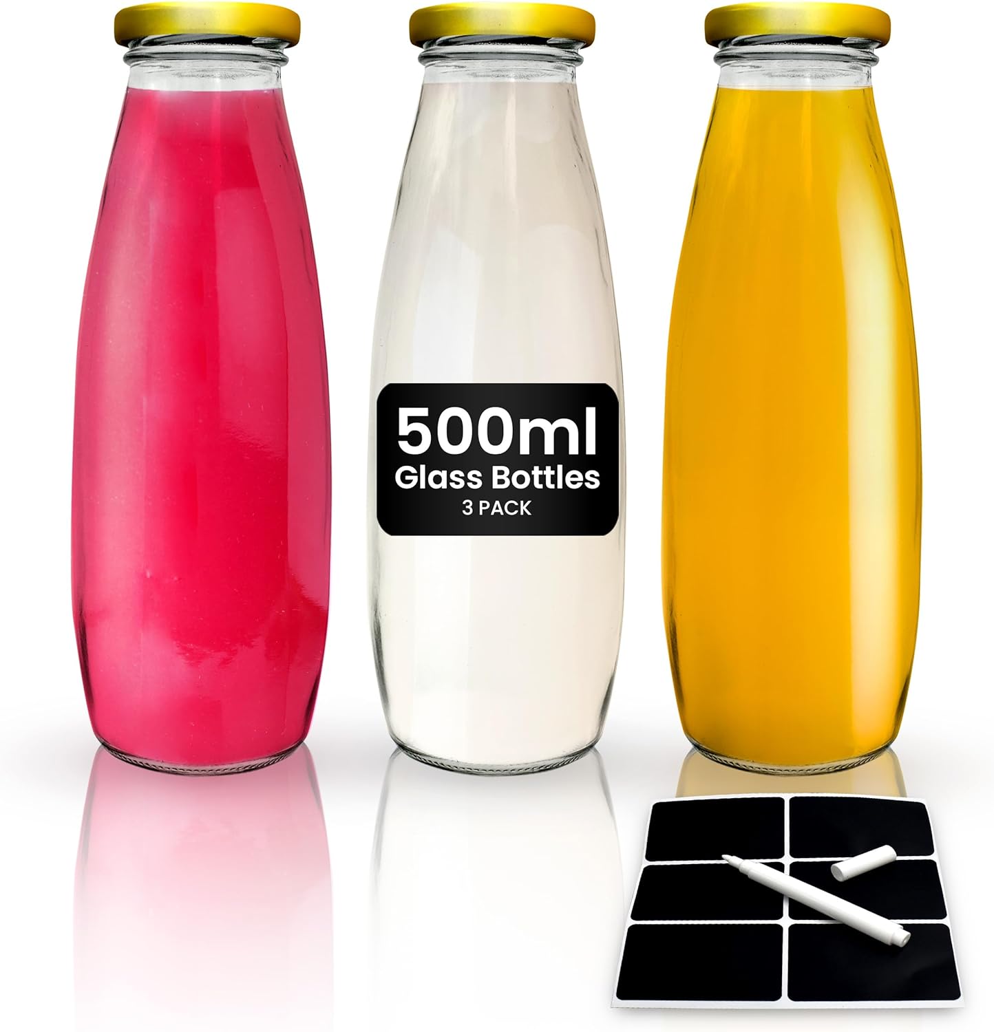 volila Glass Milk Bottles with Lids - 500ml Glass Bottles with Lids, Labels, and Pen - Reusable Milk Bottle for Juices, Dressings, Sauces, Beverages, Decoration and Storage