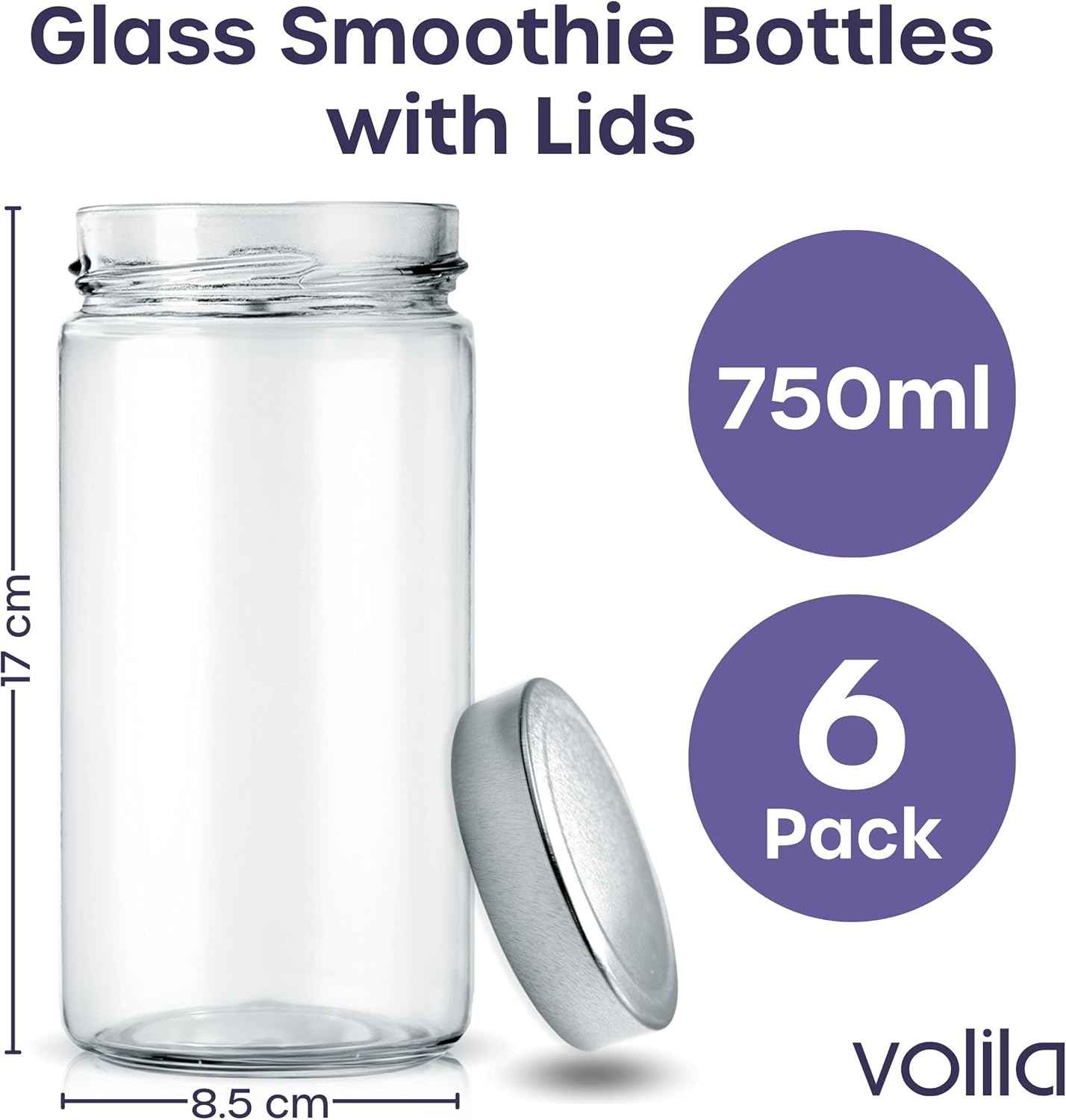 Glass Mason Jars with Lids 750ml - 6 Pack, Leakproof Glass Bottles with Lids for Airtight Seal, Drinking Bottle Ideal for Smoothies, Milkshakes, Sauces, Food Storage, Juices, Beverages, Infused Water