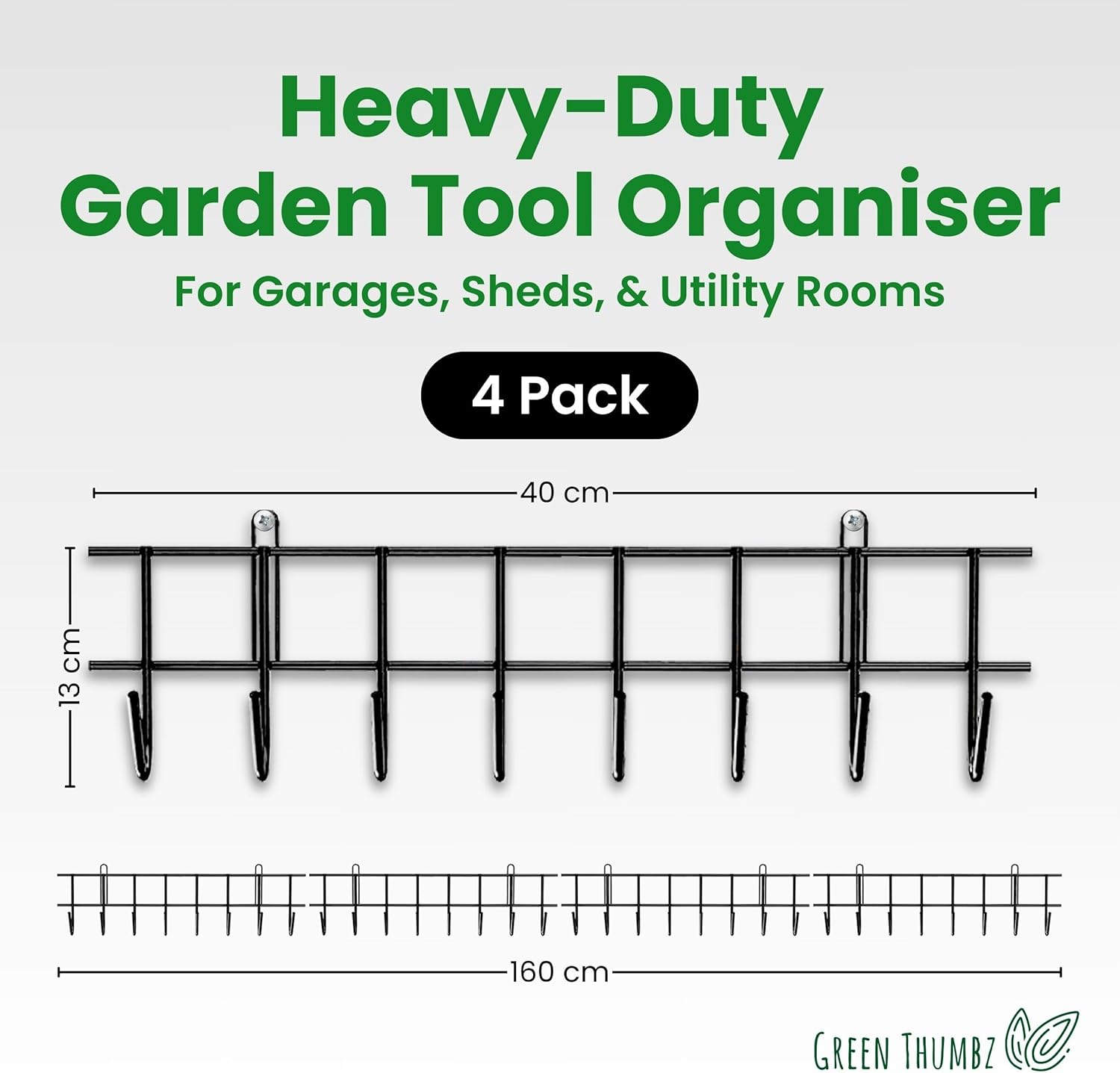 Garden Tool Rack - 160cm Wall-Mounted Garage Tool Organiser – Heavy-Duty Hanger for Garden Tools: Spades, Shovels, Rakes, Ropes and Saws