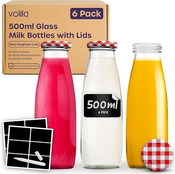 volila Glass Milk Bottles with Lids - 500ml Glass Bottles with Lids, Labels, and Pen - Reusable Milk Bottle for Juices, Dressings, Sauces, Beverages, Decoration and Storage
