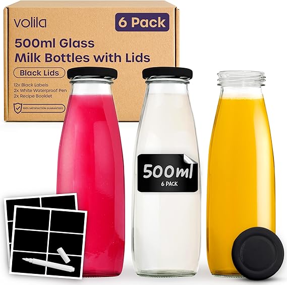 volila Glass Milk Bottles with Lids - 500ml Glass Bottles with Lids, Labels, and Pen - Reusable Milk Bottle for Juices, Dressings, Sauces, Beverages, Decoration and Storage