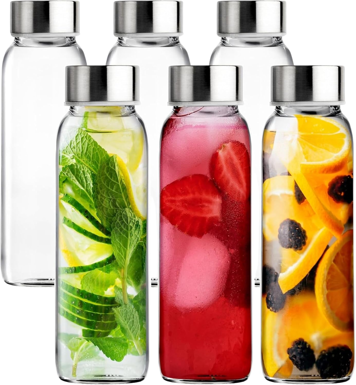 Glass Bottles with Lids 6 Pack 500ml Leakproof Glass Bottle for Water, Juice, Milk and Smoothie - Reusable Glass Drinking Bottle with Airtight Metal Lids, Cleaning Brush and White Labels