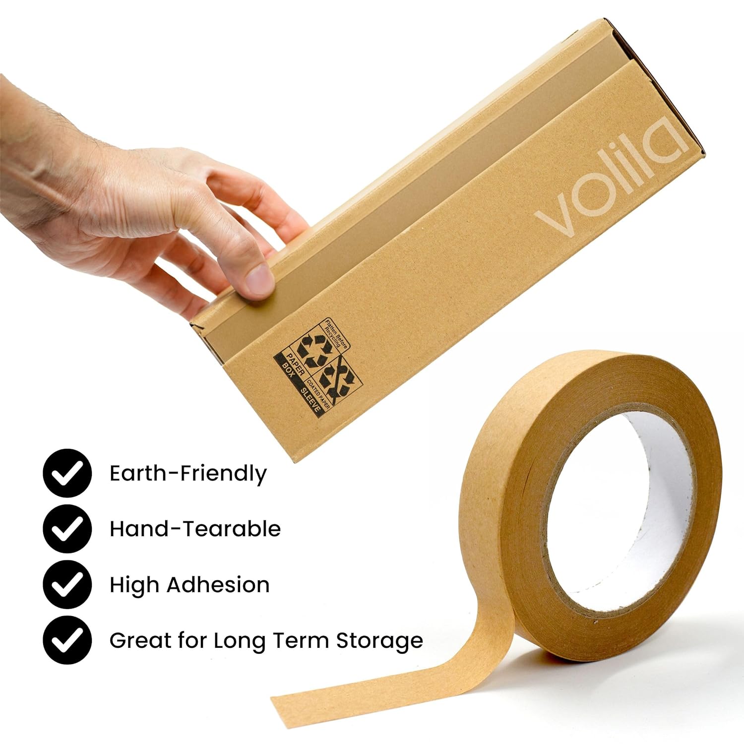 volila Paper Tape Brown Kraft Tape Rolls - Heavy Duty Paper Packaging Tape for Moving House, Boxes, Framing, and Packaging - Recyclable Paper Parcel Tape with Strong Adhesive