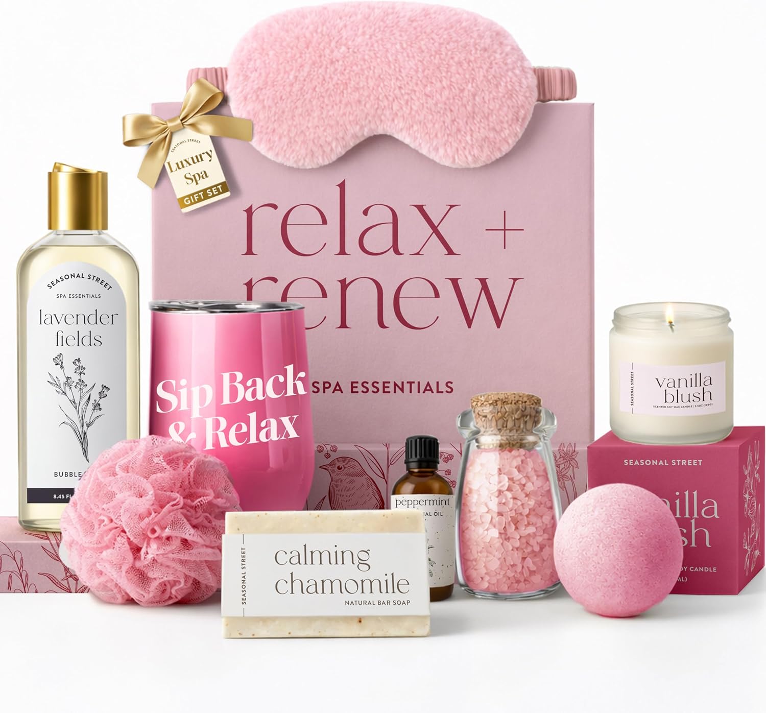 Gift Set with Wine Tumbler, Scented Vanilla Candle, Silk Eyemask, Bath Salts in Glass, Bath Bomb, Essential Oil, Bubble Bath Soap, Loofa and Soap Bar - Eye Catching and Unique Spa Bath Gift Set