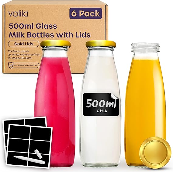 volila Glass Milk Bottles with Lids - 500ml Glass Bottles with Lids, Labels, and Pen - Reusable Milk Bottle for Juices, Dressings, Sauces, Beverages, Decoration and Storage