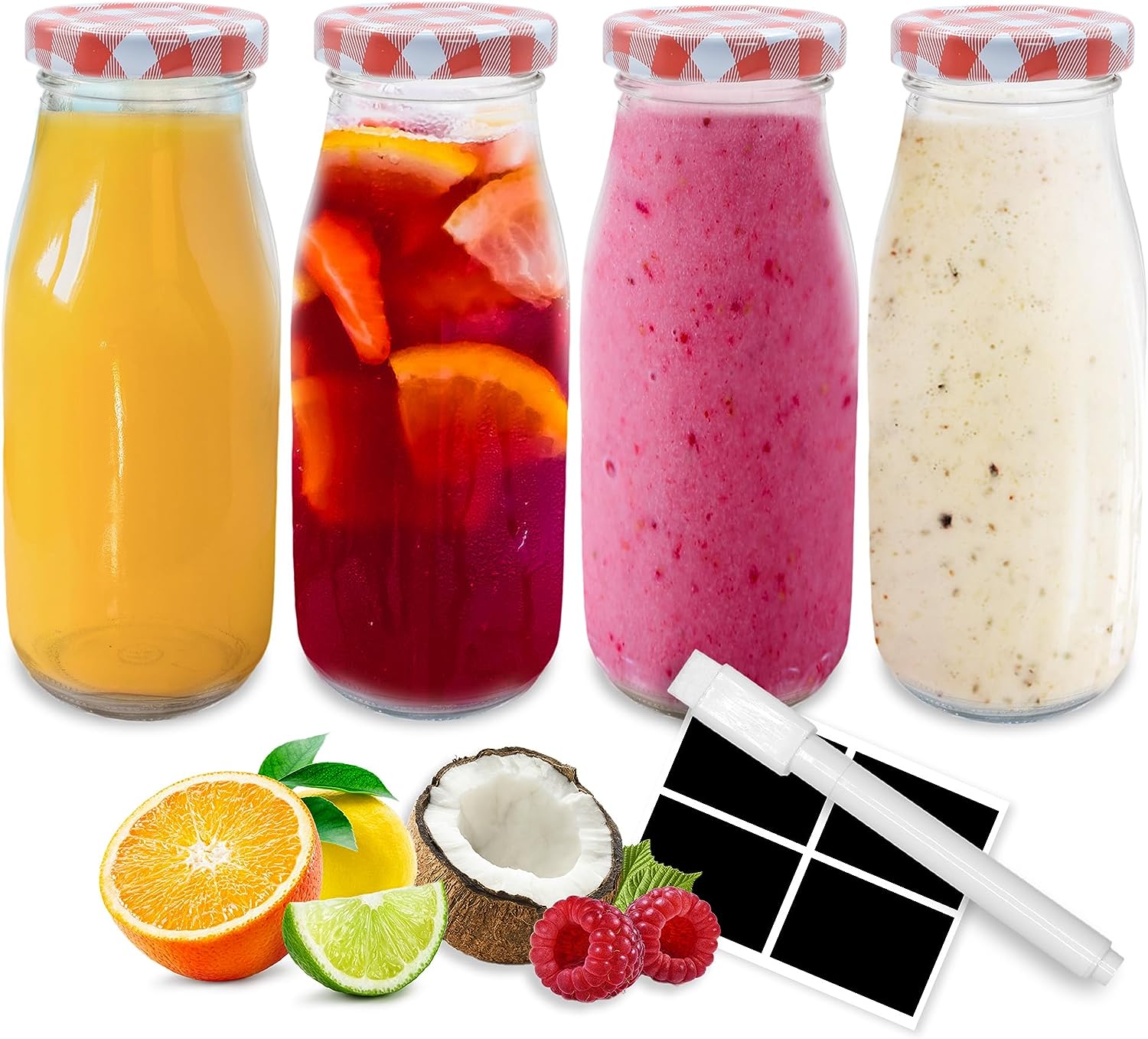 volila Glass Milk Bottles with Lids - Glass Bottles with Lids, Labels, and Pen - Reusable Milk Bottle for Juices, Dressings, Sauces, Beverages, Decoration and Storage
