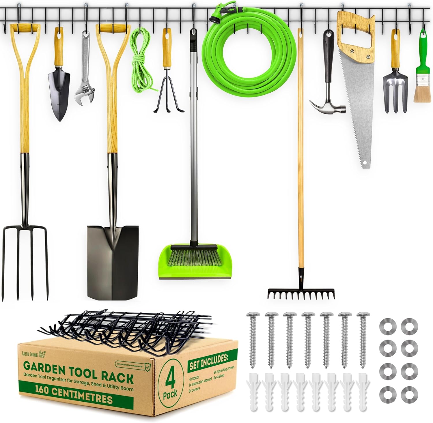 Garden Tool Rack - 160cm Wall-Mounted Garage Tool Organiser – Heavy-Duty Hanger for Garden Tools: Spades, Shovels, Rakes, Ropes and Saws