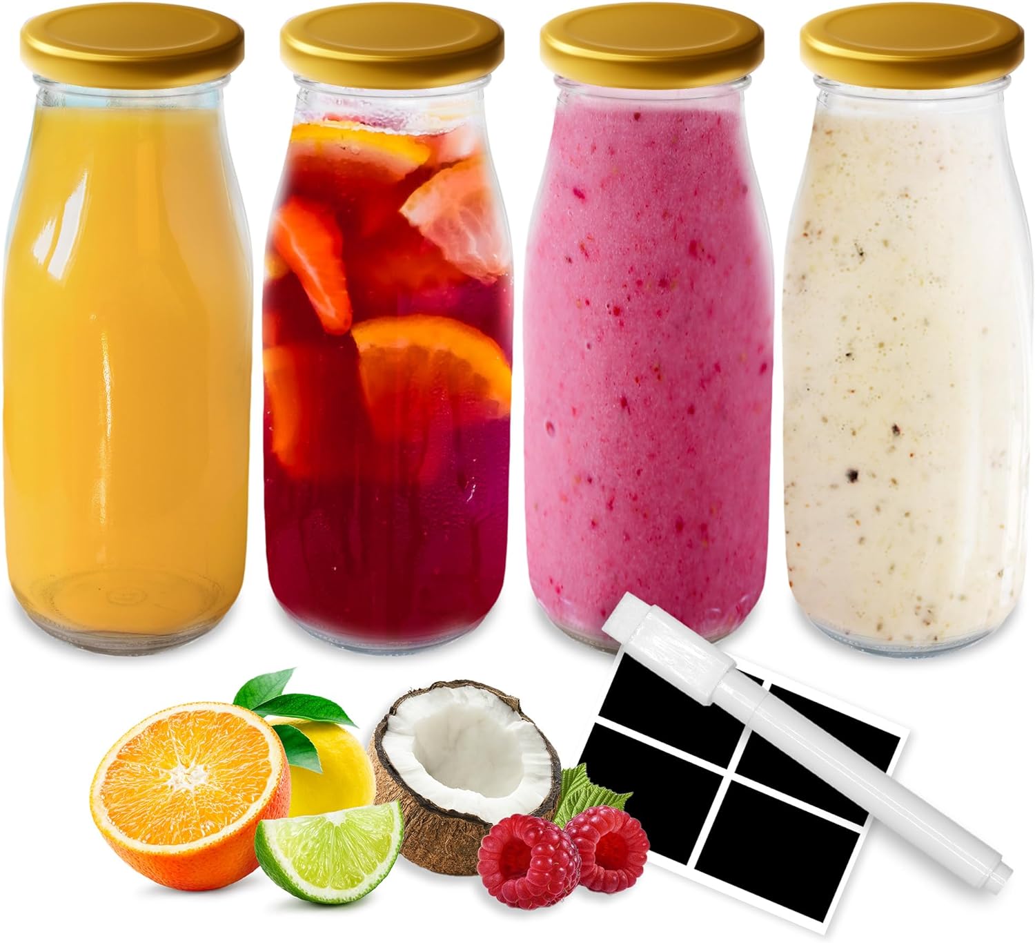 volila Glass Milk Bottles with Lids - Glass Bottles with Lids, Labels, and Pen - Reusable Milk Bottle for Juices, Dressings, Sauces, Beverages, Decoration and Storage