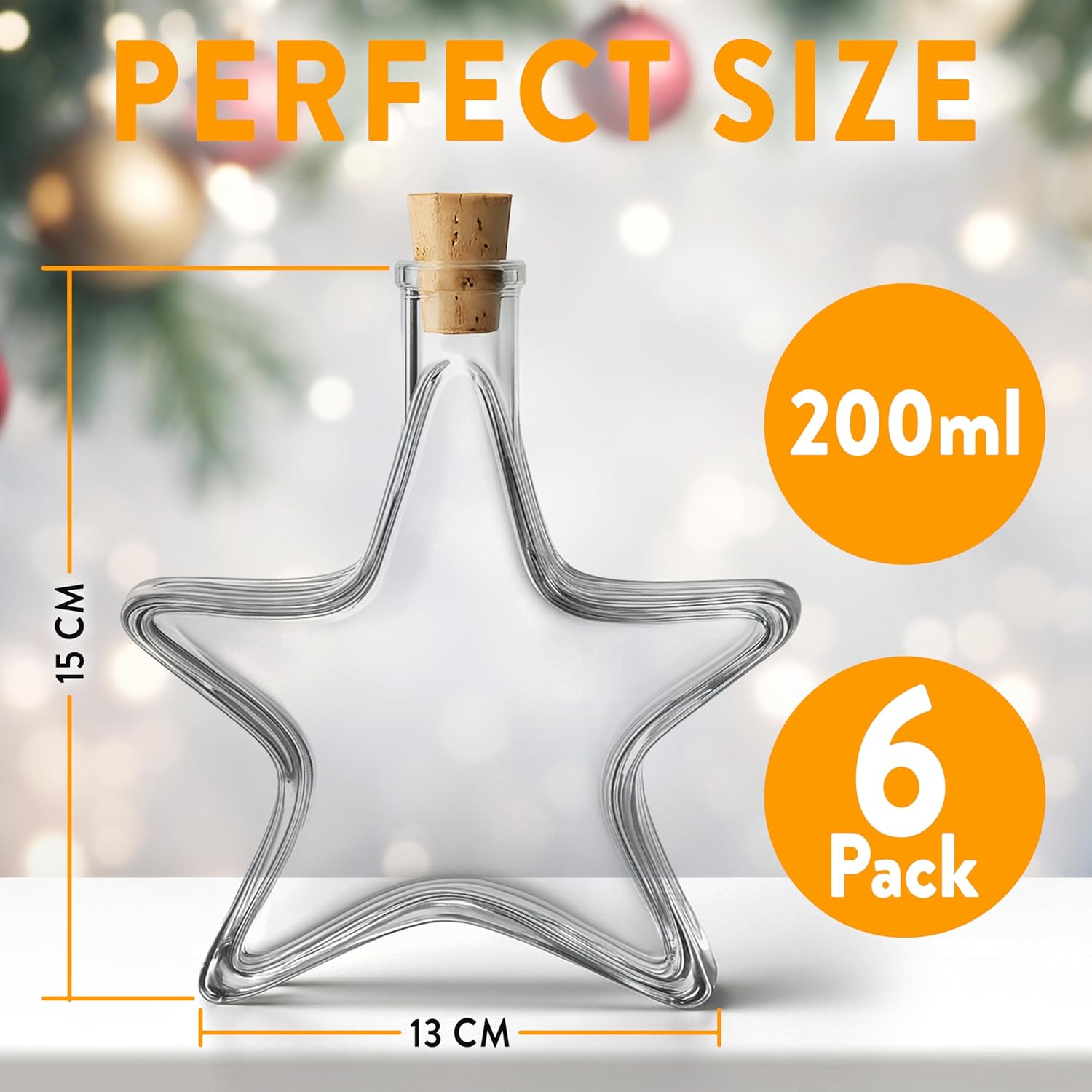 Star Shaped Glass Flask Bottles 200ml - 6 Pack Glass Bottles with Cork Lid, Labels, Pen and Funnel - Reusable for Gin, Home Brews or Homemade Vinegar
