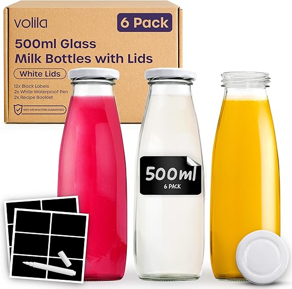 volila Glass Milk Bottles with Lids - 500ml Glass Bottles with Lids, Labels, and Pen - Reusable Milk Bottle for Juices, Dressings, Sauces, Beverages, Decoration and Storage