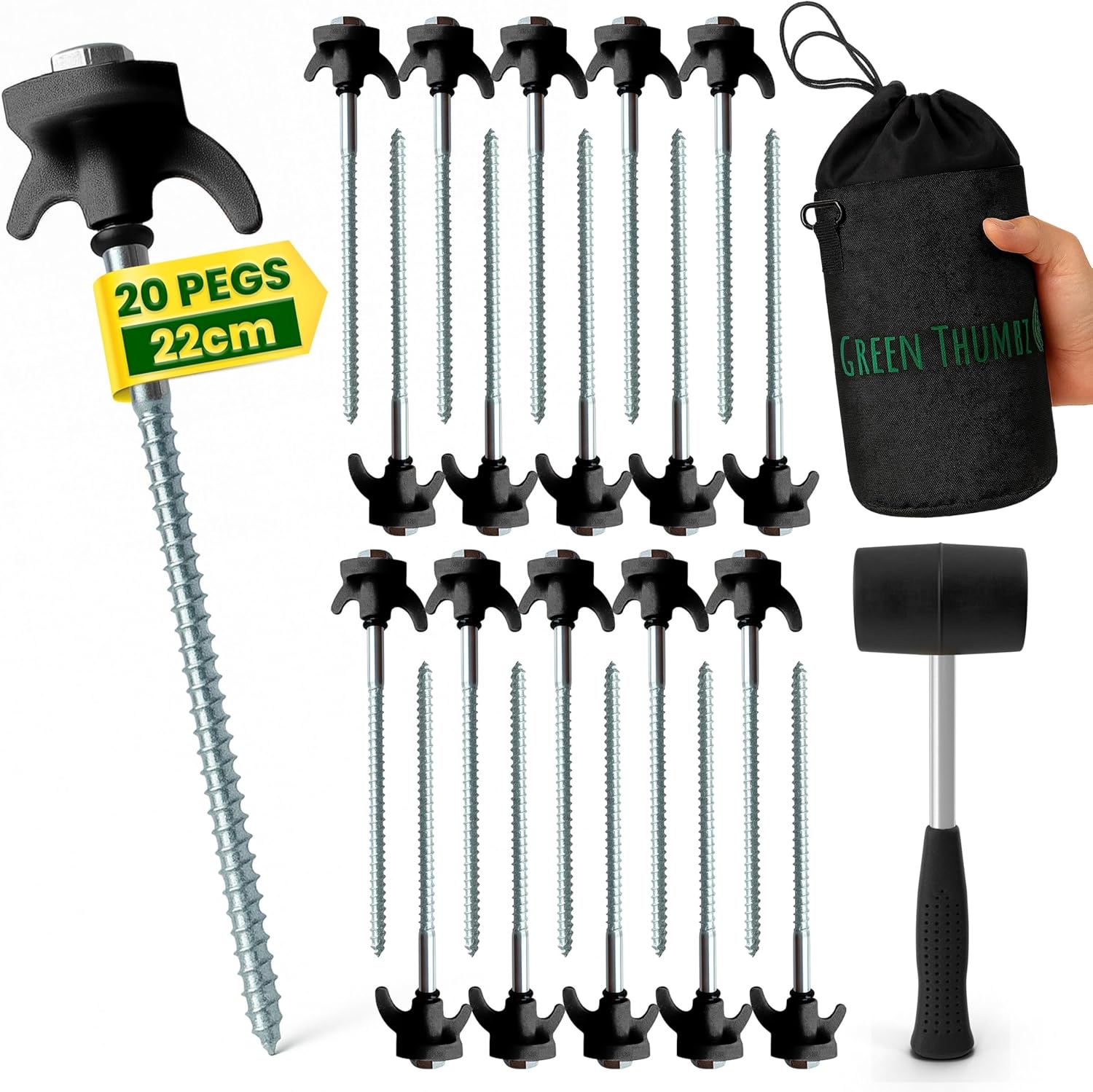 Green Thumbz Heavy Duty Tent Pegs - 20cm x 20 Pack Hard Ground Tent Pegs, Camping Pegs and Awning Pegs for Outdoor - Galvanized Tent Pegs Metal Heavy Duty with Storage Case and Peg Remover