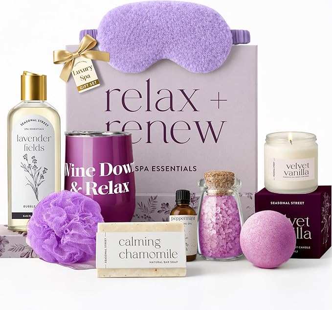Gift Set with Wine Tumbler, Scented Vanilla Candle, Silk Eyemask, Bath Salts in Glass, Bath Bomb, Essential Oil, Bubble Bath Soap, Loofa and Soap Bar - Eye Catching and Unique Spa Bath Gift Set