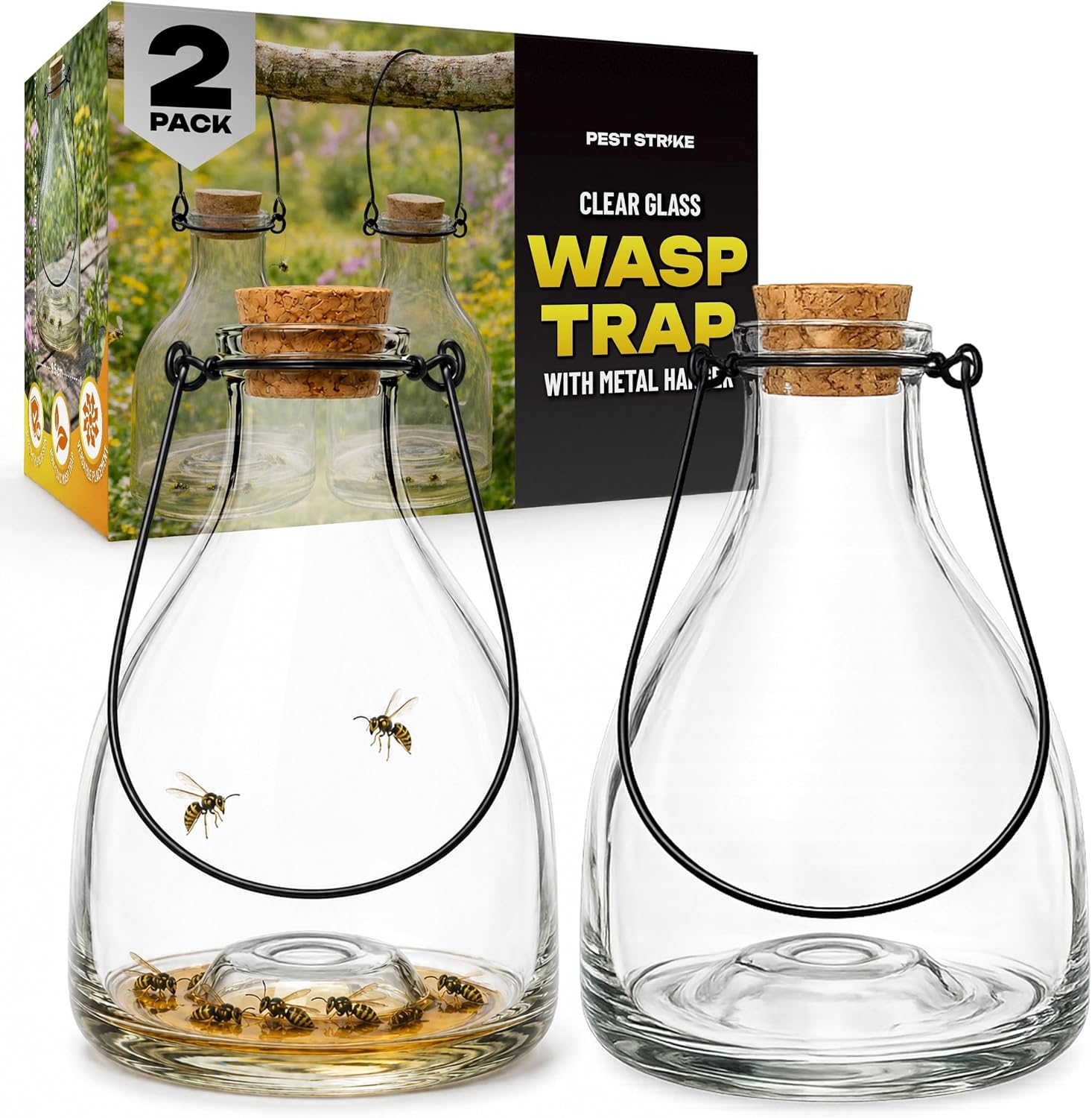 Glass Wasp Catcher - Attractive Hanging Wasp Catchers for the Garden with Metal Hanger and Cork