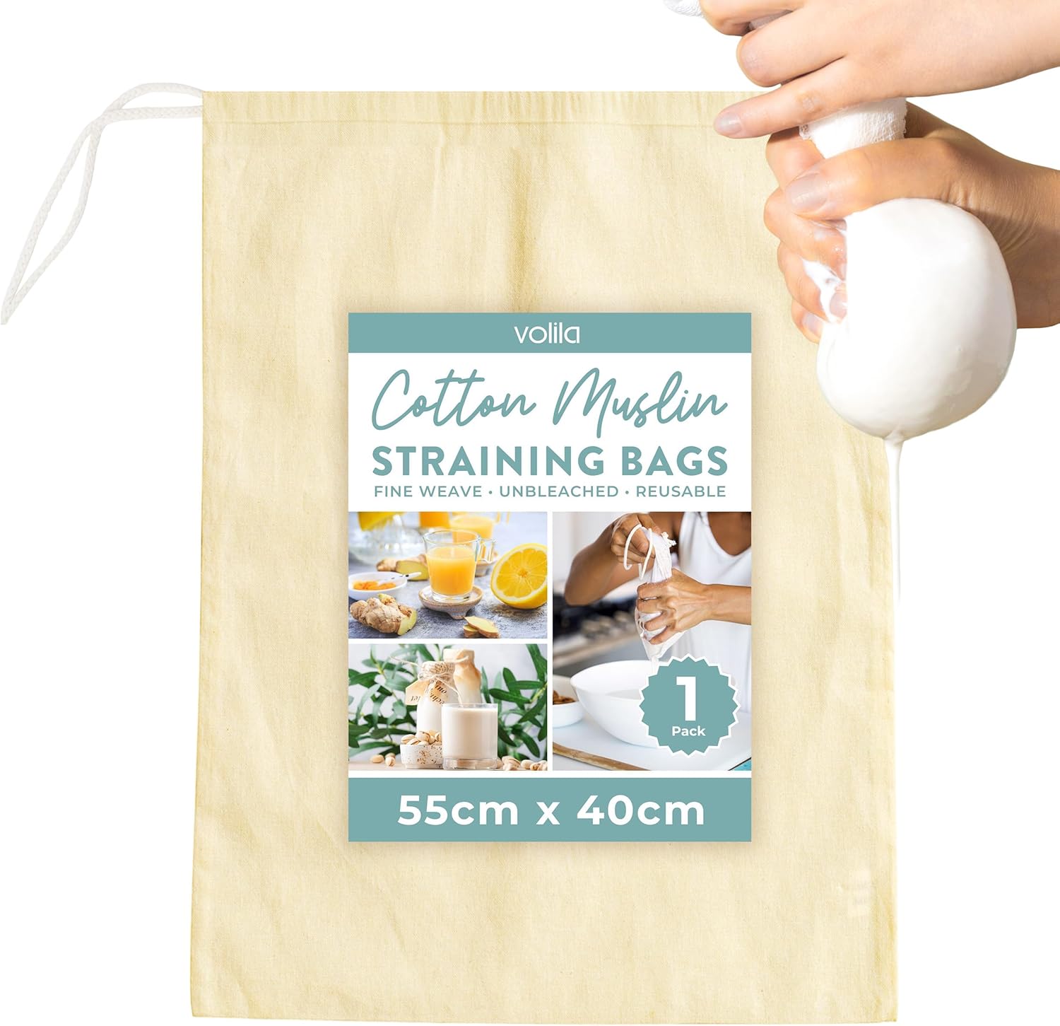 Muslin Cloths Cheese Cloths for Straining, Reusable Organic Muslin Cloth for Cooking & Straining - Unbleached Cotton Strainer Bag with Drawstring, for Juices, Milks and Wine (1 Pack)