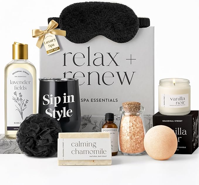 Gift Set with Wine Tumbler, Scented Vanilla Candle, Silk Eyemask, Bath Salts in Glass, Bath Bomb, Essential Oil, Bubble Bath Soap, Loofa and Soap Bar - Eye Catching and Unique Spa Bath Gift Set