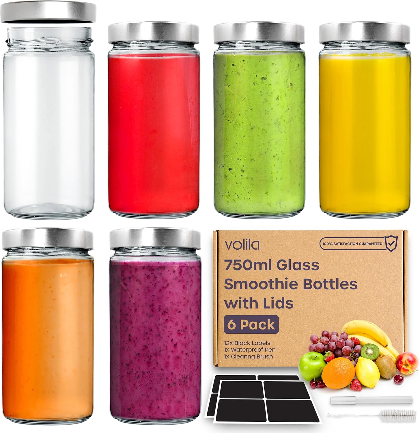 Glass Mason Jars with Lids 750ml - 6 Pack, Leakproof Glass Bottles with Lids for Airtight Seal, Drinking Bottle Ideal for Smoothies, Milkshakes, Sauces, Food Storage, Juices, Beverages, Infused Water