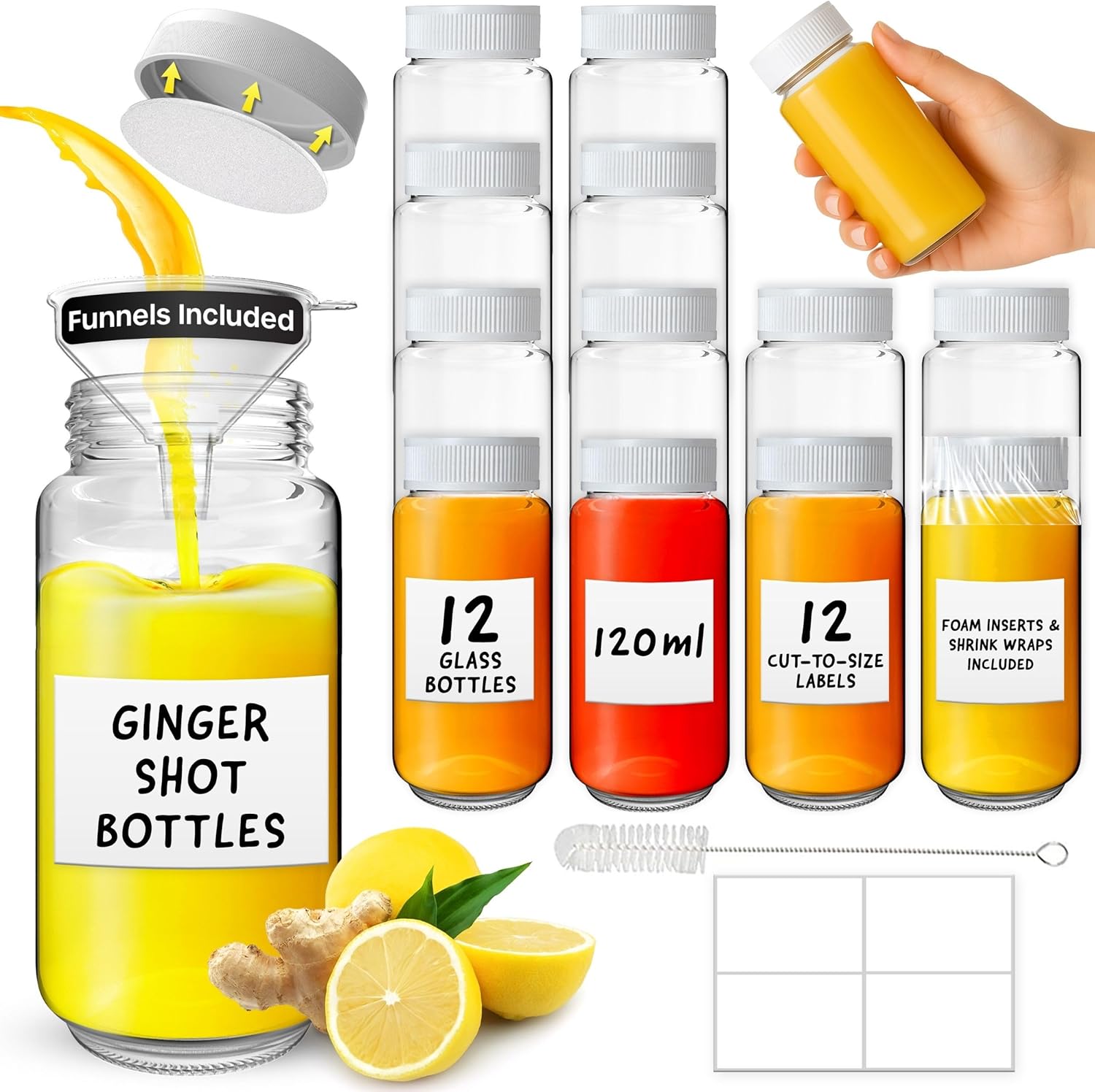 Shot Bottles with Lids - 4oz/120ml Reusable Glass Shot Bottles with Round Labels and Pen - Portable and Leakproof