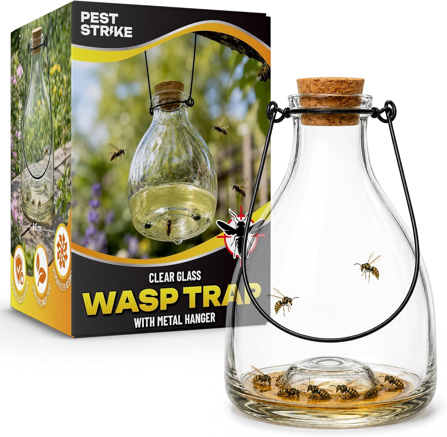 Glass Wasp Catcher - Attractive Hanging Wasp Catchers for the Garden with Metal Hanger and Cork