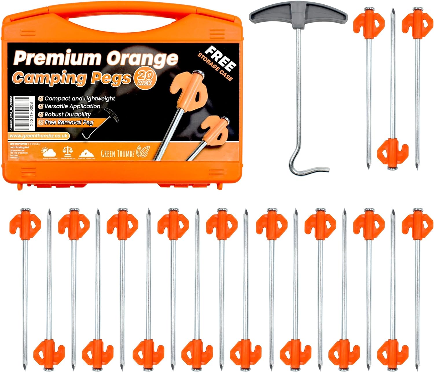 Green Thumbz Heavy Duty Tent Pegs - 20cm x 20 Pack Hard Ground Tent Pegs, Camping Pegs and Awning Pegs for Outdoor - Galvanized Tent Pegs Metal Heavy Duty with Storage Case and Peg Remover