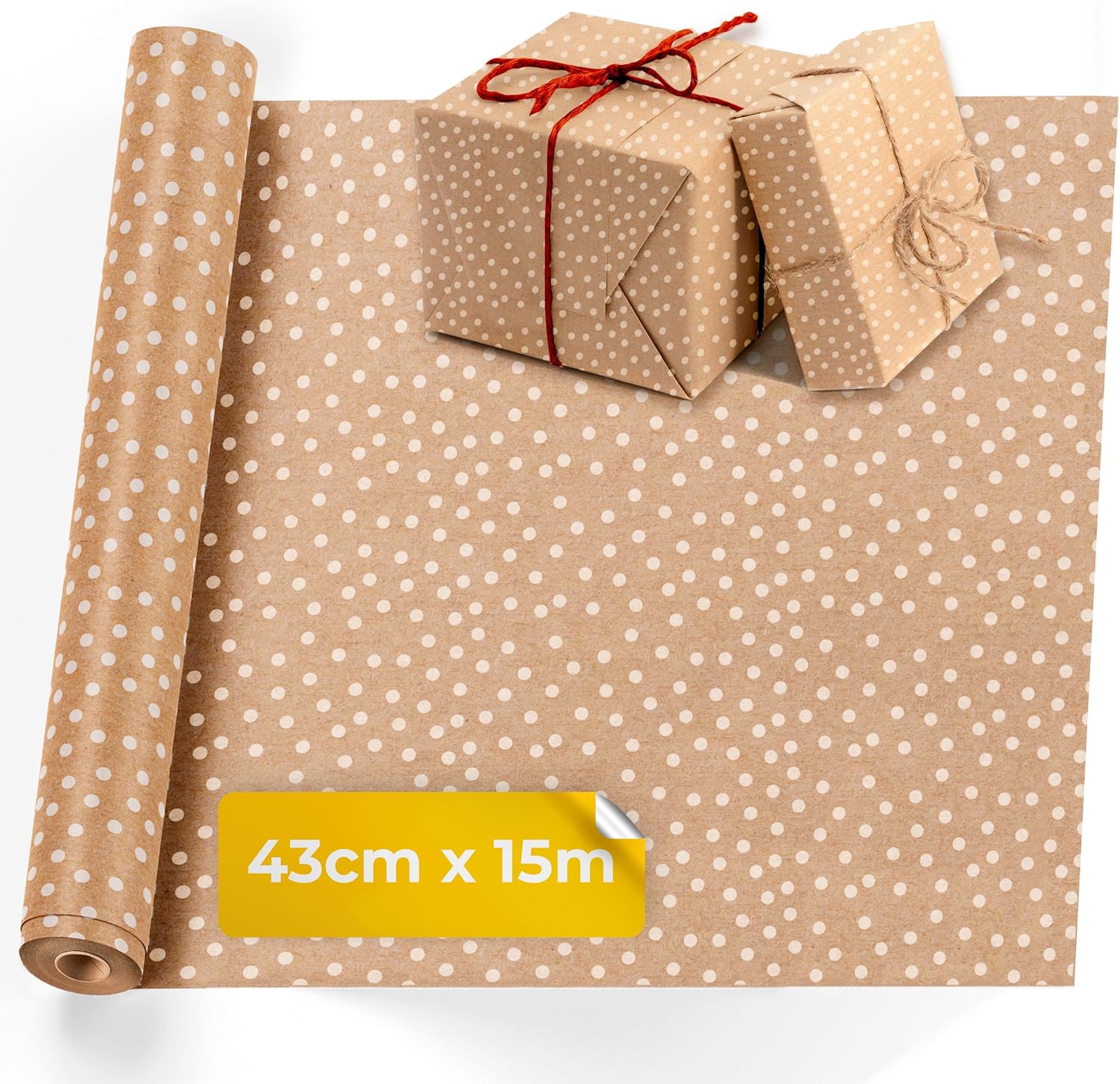 Kraft Wrapping Paper - 15M x 43CM Premium Gift Wrapping Paper Roll Patterned with Strings - Brown Paper Roll Used as Christmas Wrapping Paper, Birthday Wrapping Paper or Parcel Packing