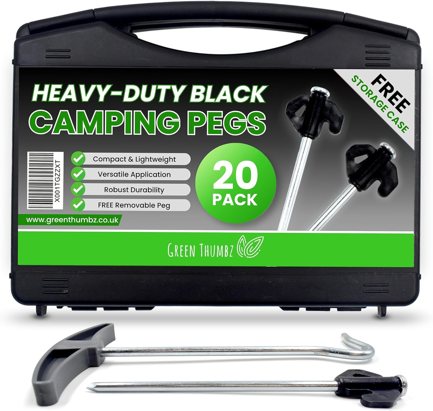 Green Thumbz Heavy Duty Tent Pegs - 20cm x 20 Pack Hard Ground Tent Pegs, Camping Pegs and Awning Pegs for Outdoor - Galvanized Tent Pegs Metal Heavy Duty with Storage Case and Peg Remover