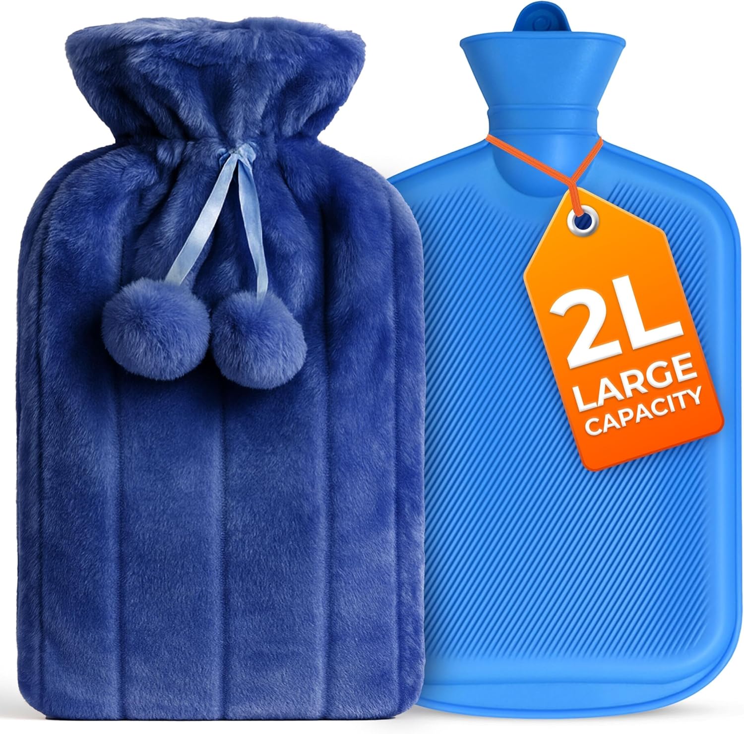 2L Hot Water Bottle with Cover Heat Pad with Grey Faux Fur for Period Pain Relief Leak Resistant BPA Free