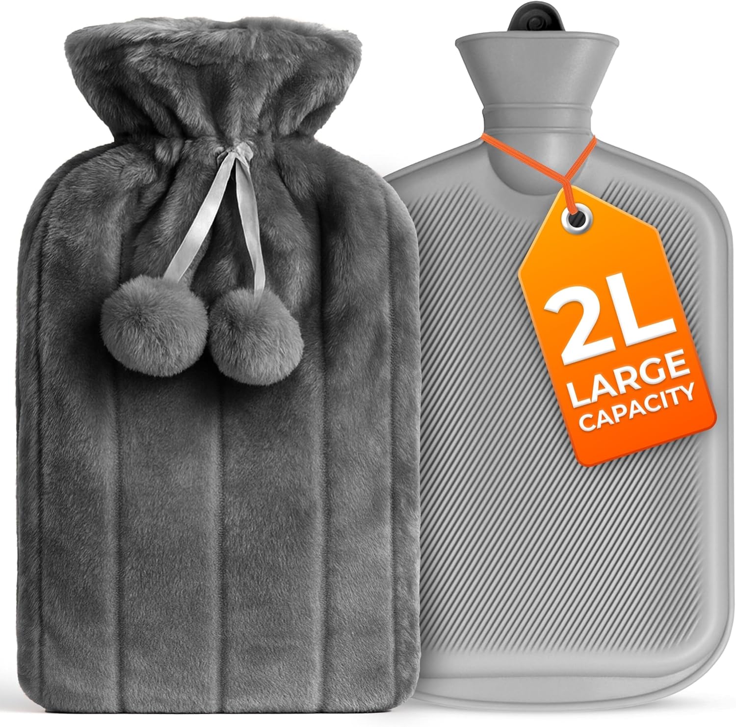 2L Hot Water Bottle with Cover Heat Pad with Grey Faux Fur for Period Pain Relief Leak Resistant BPA Free