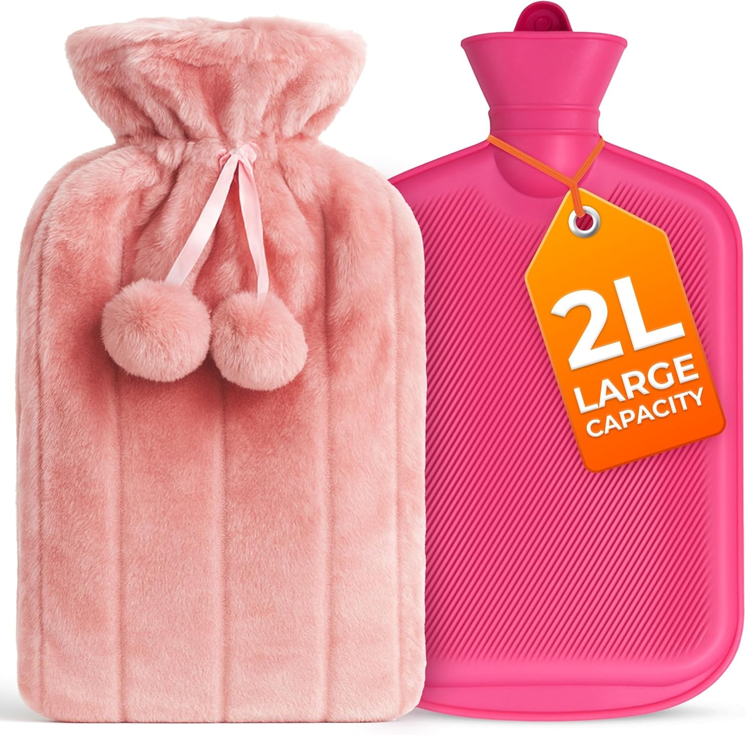 2L Hot Water Bottle with Cover Heat Pad with Grey Faux Fur for Period Pain Relief Leak Resistant BPA Free