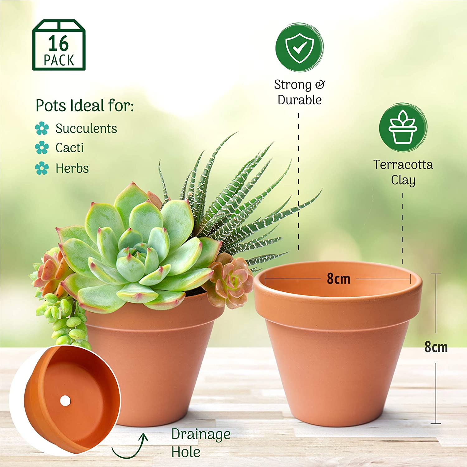 Terracotta Plant Pot with Drainage Hole - Flower Pots Outdoor or Indoor Use - Brown Clay Pot